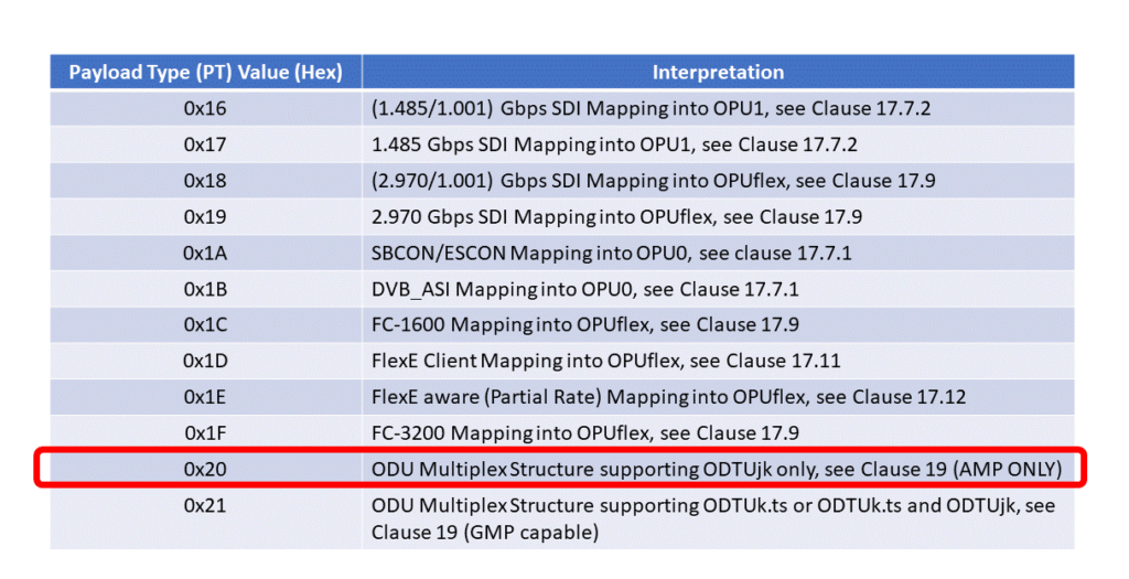 Listing of Payload Types - with PT = 0x20 Item Highlighted