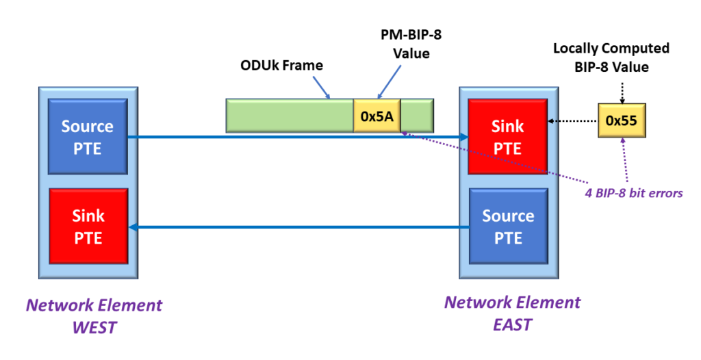 Sink PTE detects 4 bits in error within PM-BIP-8 byte field