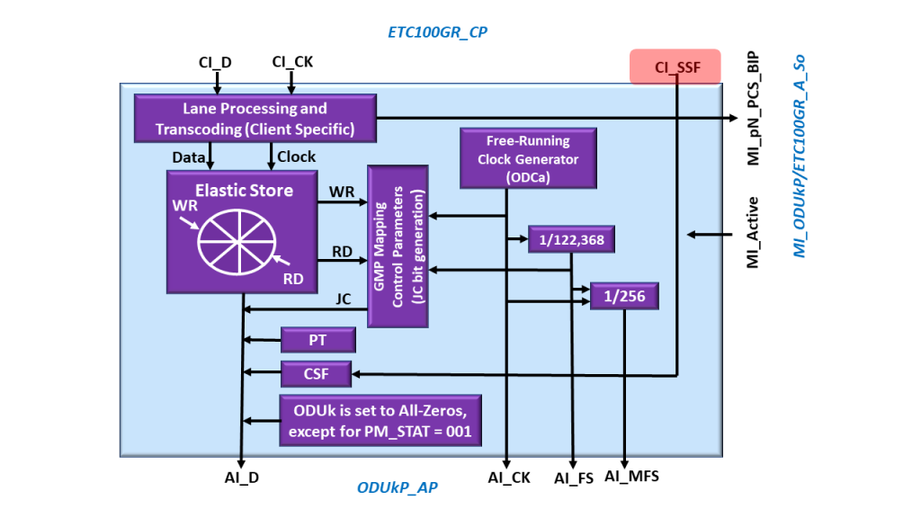 Functional Block Diagram of the ODUkP/CBR_ETC100GR-g_A_So Atomic Function with the CI_CSF input Highlighted